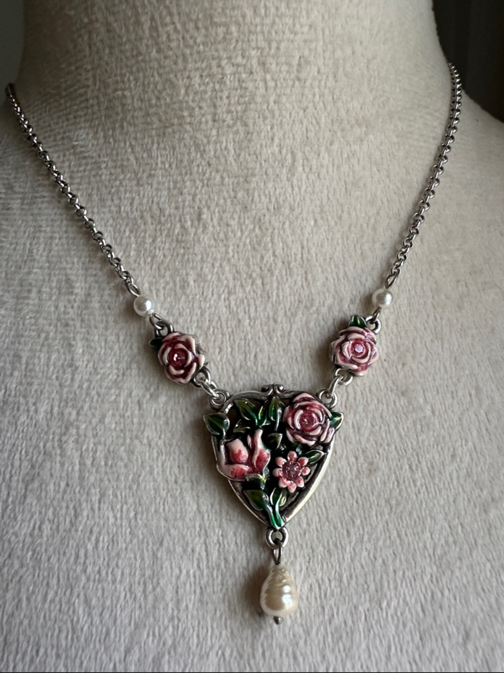 Brighton Silver-Tone Pink Enamel Rose Necklace with Pearl Drop - Picture 2 of 14